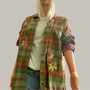 Upcycled Plaid Shirt with Floral Patch and Bigfoot/Yeti